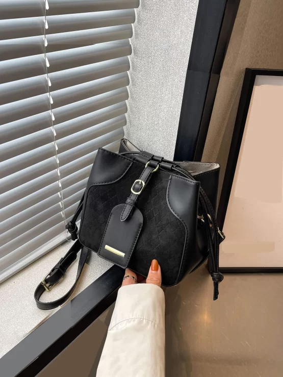 Mini Argyle Quilted Embossed Drawstring Bucket Bag