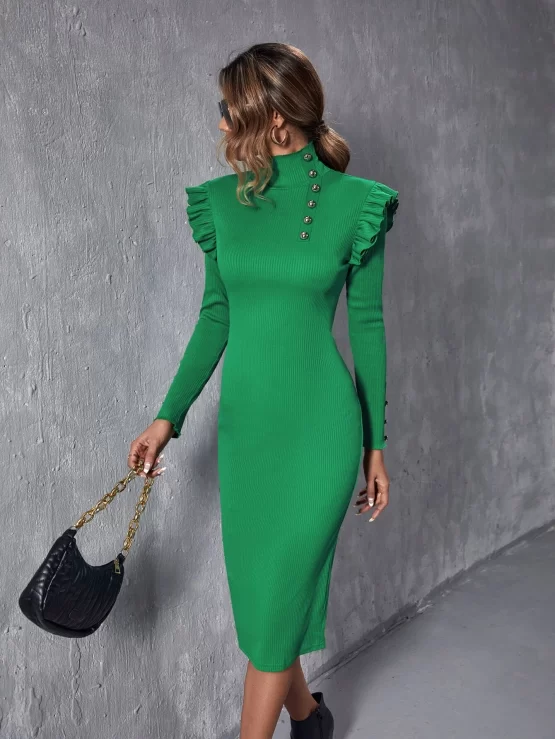 Button Detail High Neck Ruffle Trim Bodycon Dress