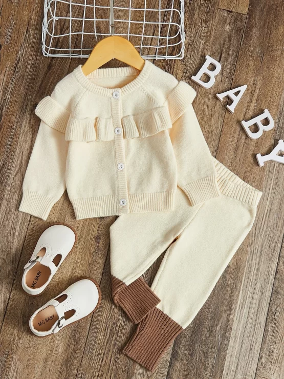 Baby Ruffle Trim Raglan Sleeve Cardigan & Knit Pants
