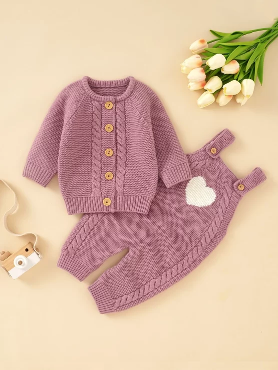Baby Cable Knit Raglan Sleeve Cardigan & Knit Jumpsuit