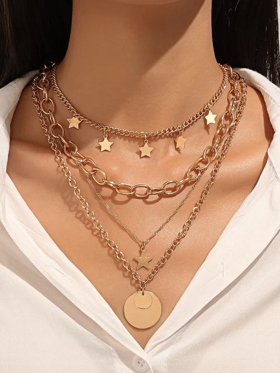 Star Round Pendant Layered Chain Necklace