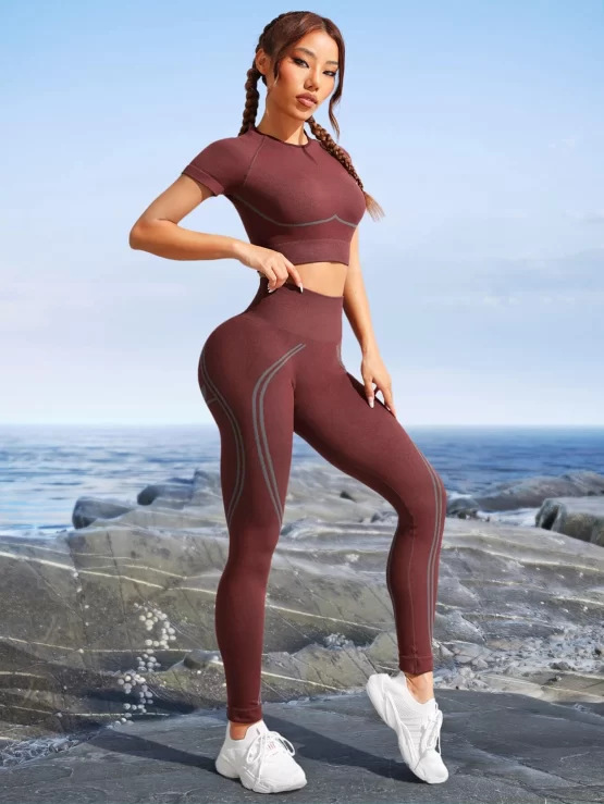 Seamless High Stretch Sports Tee With Tummy Control Leggings