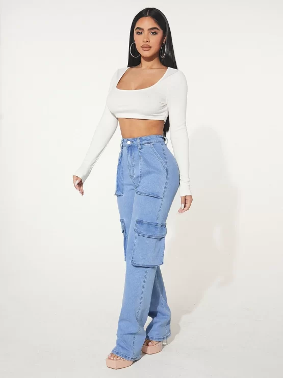 Flap Zipper Fly Button Cargo Pocket Jeans