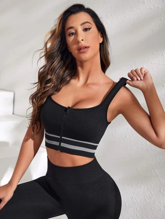 Medium Support Striped Zip Up Sports Bra
