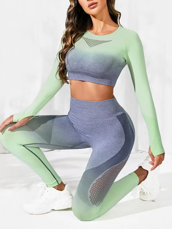 Color Block Hollow Out Thumb Holes Sports Tee & Leggings