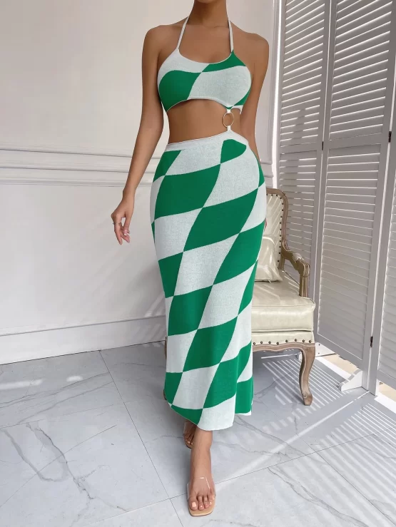 Geo Pattern Backless Knot O-ring Detail Halter Neck Slit Thigh Sweater Dress