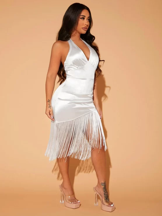 Fringe Ruched Trim Satin Bodycon Dress