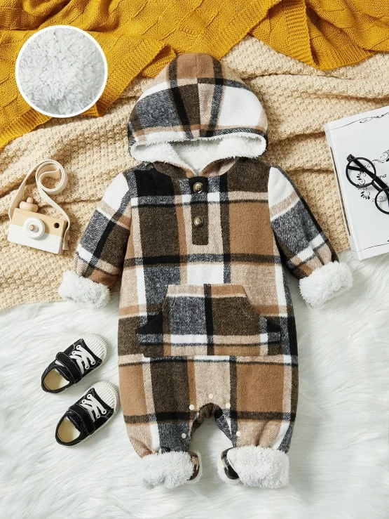 Baby Plaid Kangaroo Pocket Teddy Lined Hooded Print Jumpsuit