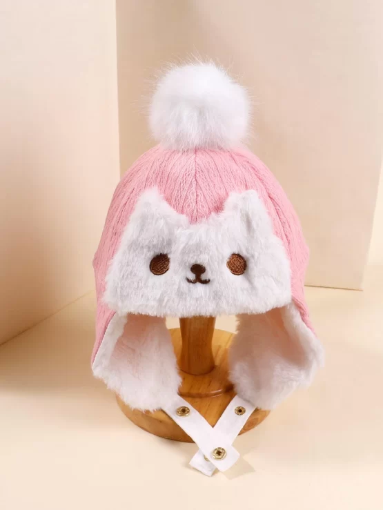Toddler Girls Cartoon Embroidered Pompom Trapper Decor Hat