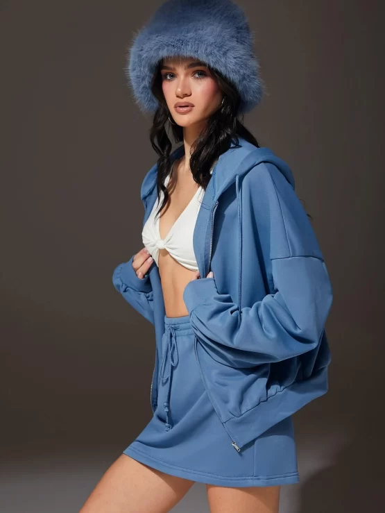 EZwear Drop Shoulder Drawstring Hoodie & Skirt