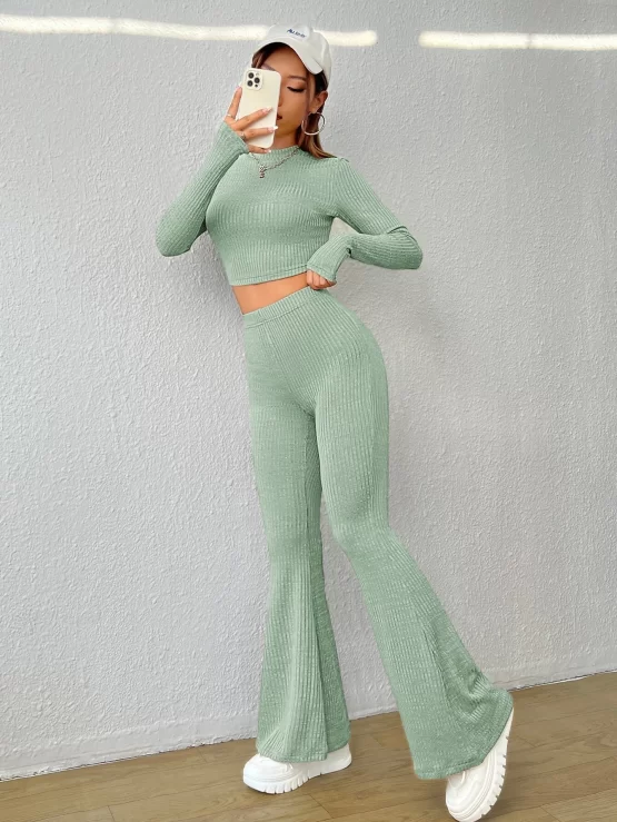 EZwear Ribbed Knit Crop Top & Flare Leg Pants