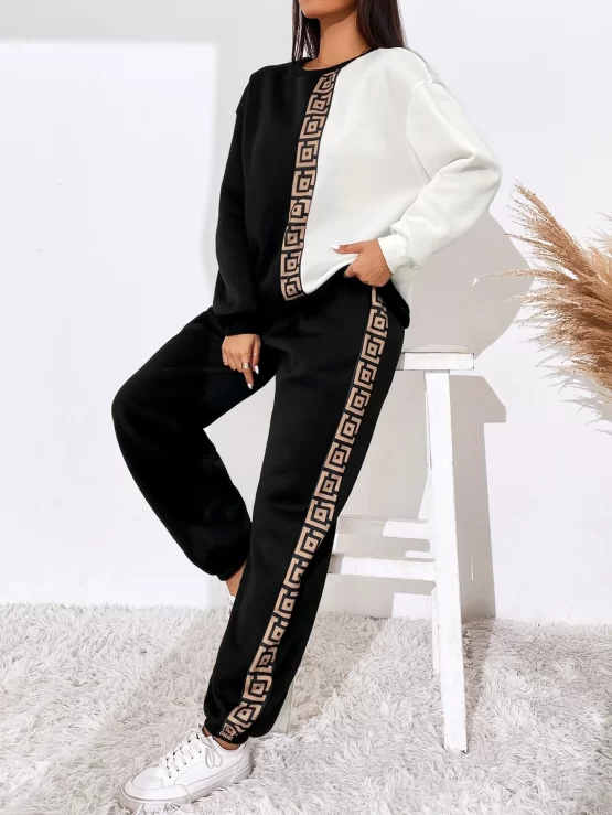 Geo Print Color Block Drop Shoulder Sweatshirt & Sweatpants