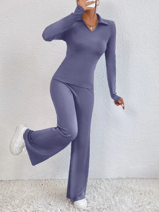 Solid Collar Ribbed Knit Tee & Flare Leg Pants