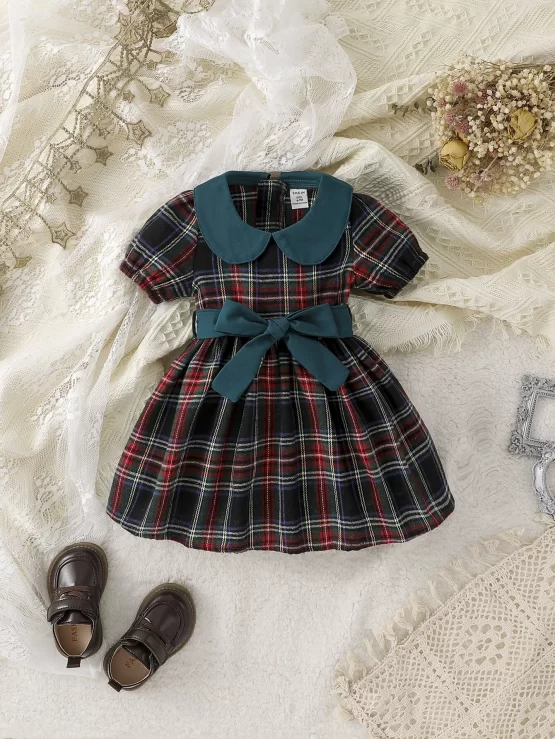Baby Tartan Print Peter Pan Collar Puff Sleeve Dress