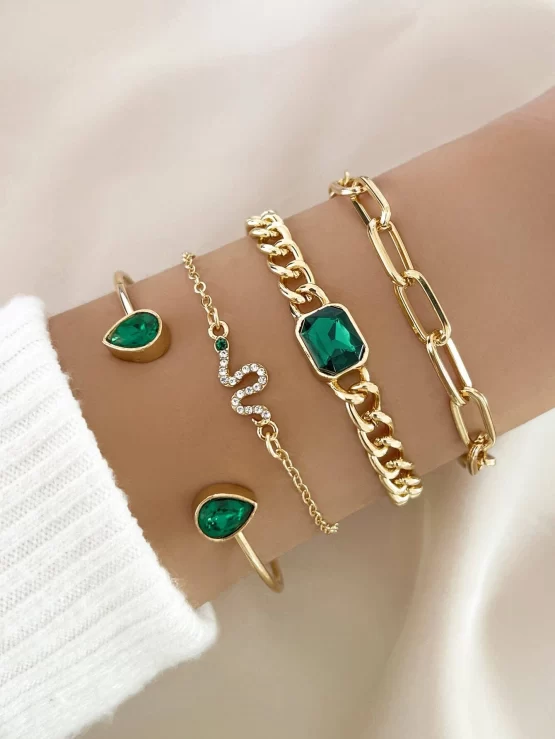 Four Pieces Rhinestone Snake & Water-drop Decor Bracelet