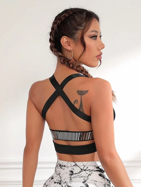 Striped Tape Criss Cross Backless Sports Bra