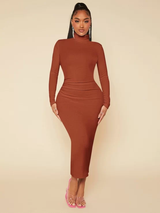 High Neck Plain Elegant Solid Bodycon Dress