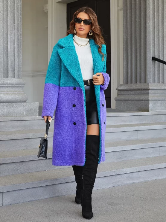 Two Tone Double Button Breasted Teddy Coat