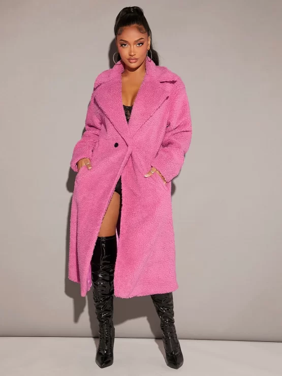 Lapel Neck Pocket Double Button Teddy Coat