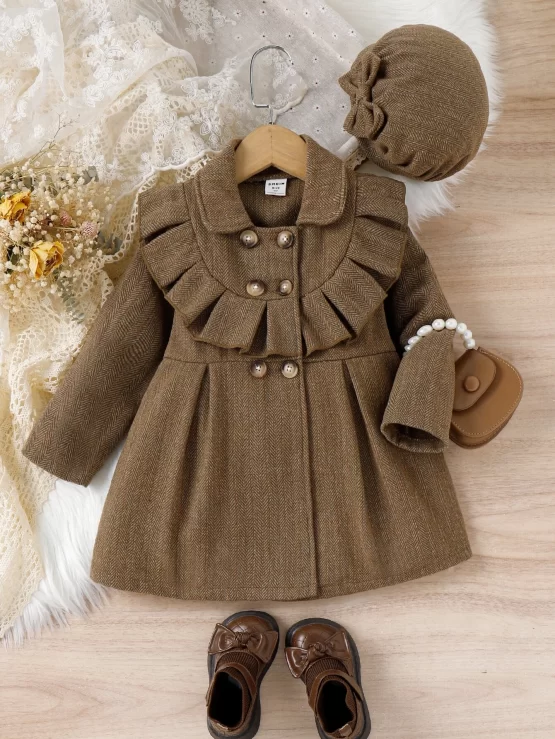 Toddler Girls Ruffle Trim Double Breasted Button Coat & Hat