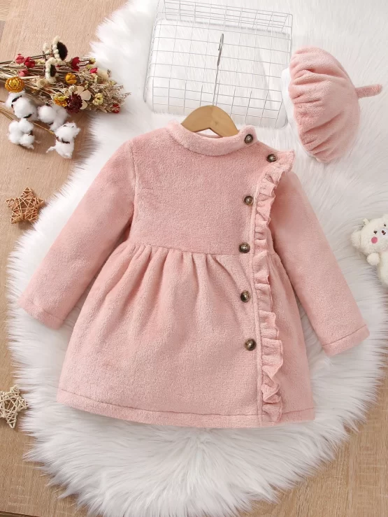 Toddler Girls Ruffle Trim Front Flannel Button Coat & Hat