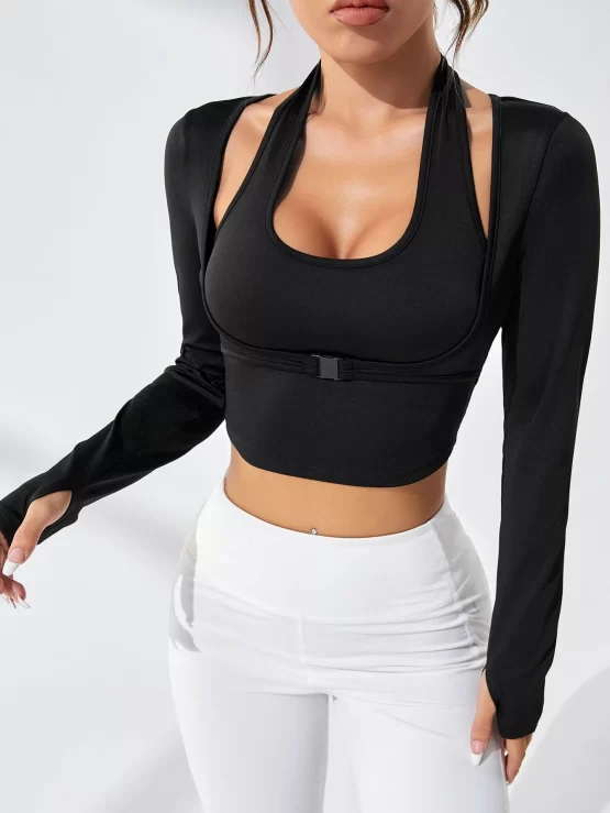 Cut Out 2 In 1 Plain Slim Fit Crop Sports Tee