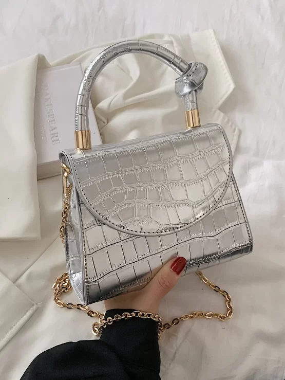 Mini Metallic Crocodile Embossed Flap Chain Square Bag
