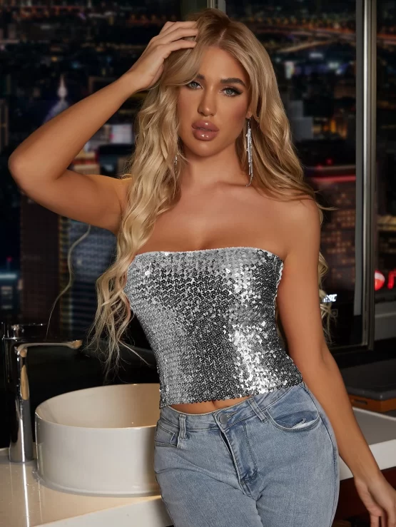 Sequin Crop Party Plain Tube Solid Top
