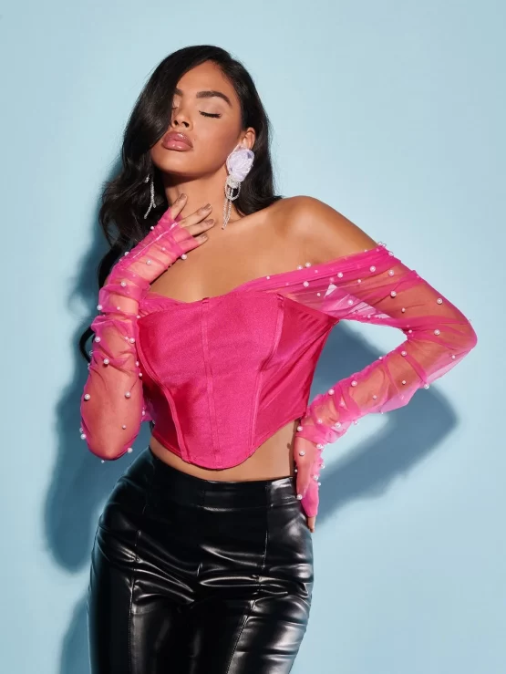 Pearls Beaded Mesh Panel Off Shoulder Asymmetrical Hem Crop Top