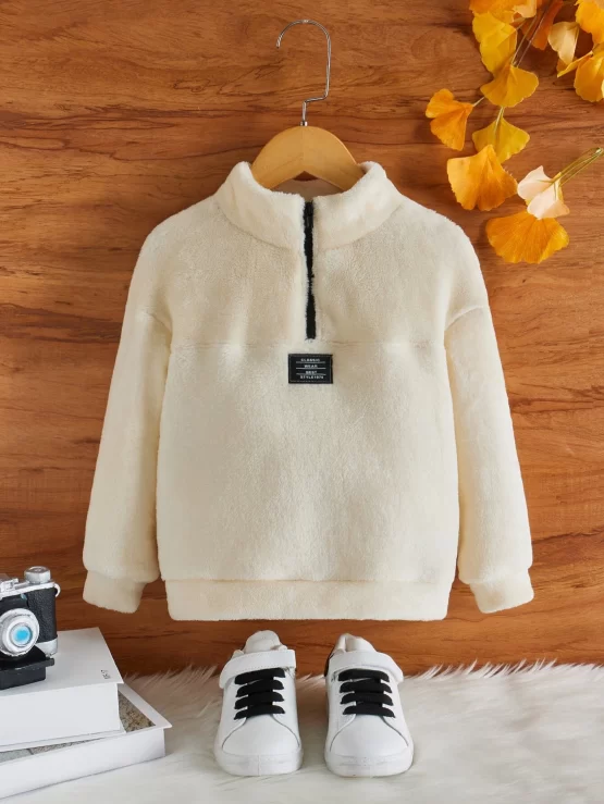 Toddler Boys Letter Patched Half Zip Teddy Pattern Sweater