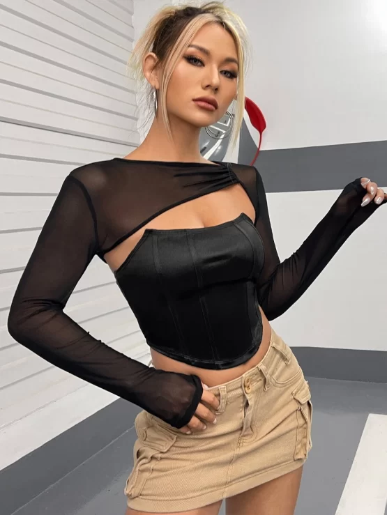 Ruched Sheer Mesh Super Crop Top With Tube Top