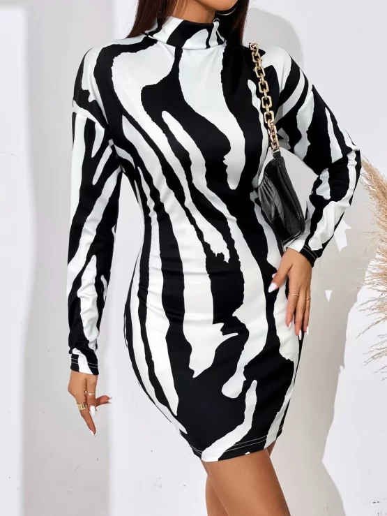 Zebra Striped Mock Neck Drop Shoulder Bodycon Dress