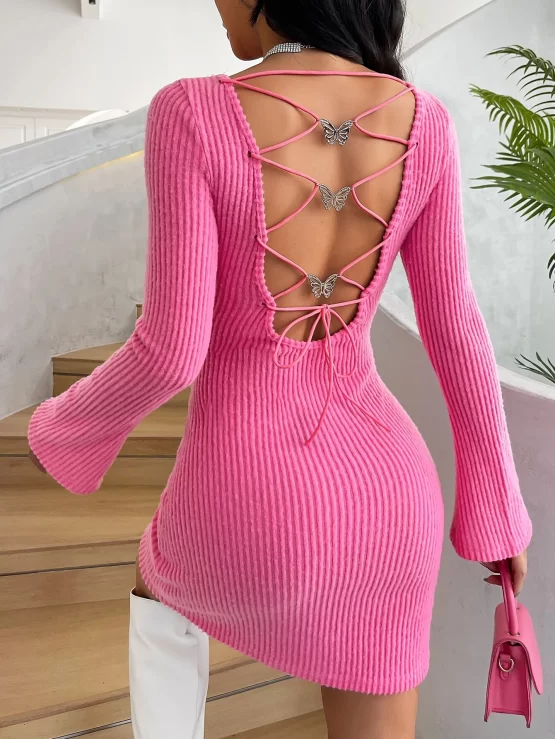 Lace Up Backless Sexy Flounce Sleeve Dress