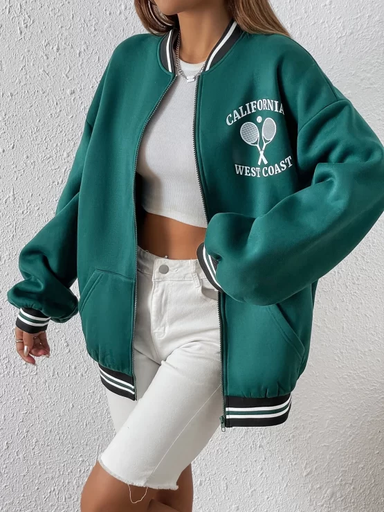 Tennis Racket & Letter Graphic Striped Trim Drop Shoulder Bomber Jacket