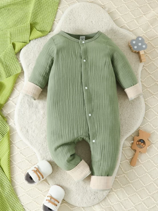 Baby Button Contrast Trim Front Jumpsuit