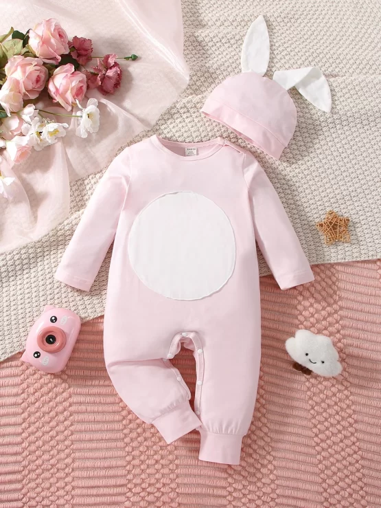 Baby Color Block Tee Jumpsuit & 3D Ear Hat