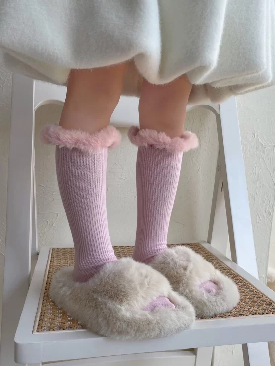 Girls Fluffy Trim Over The Calf Solid Socks