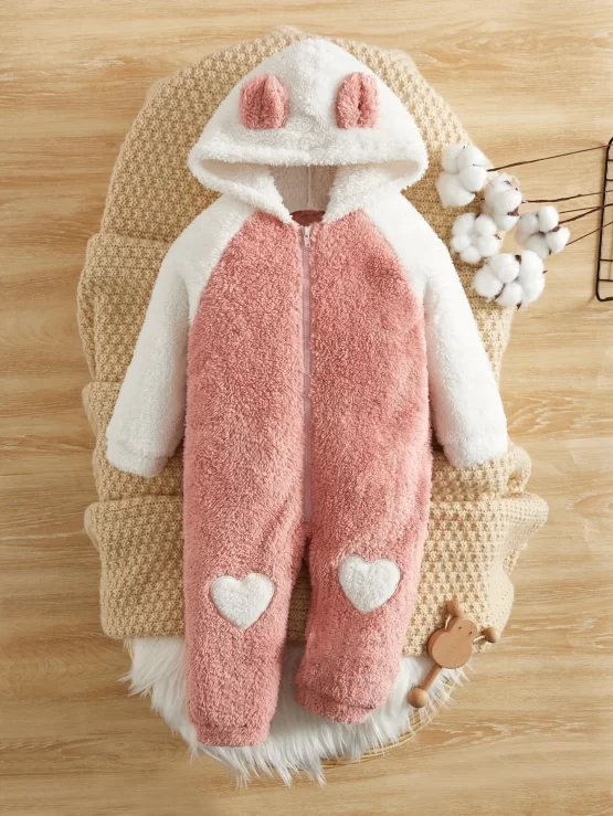 Baby 3D Ears Design Hooded Teddy Front Jumpsuit