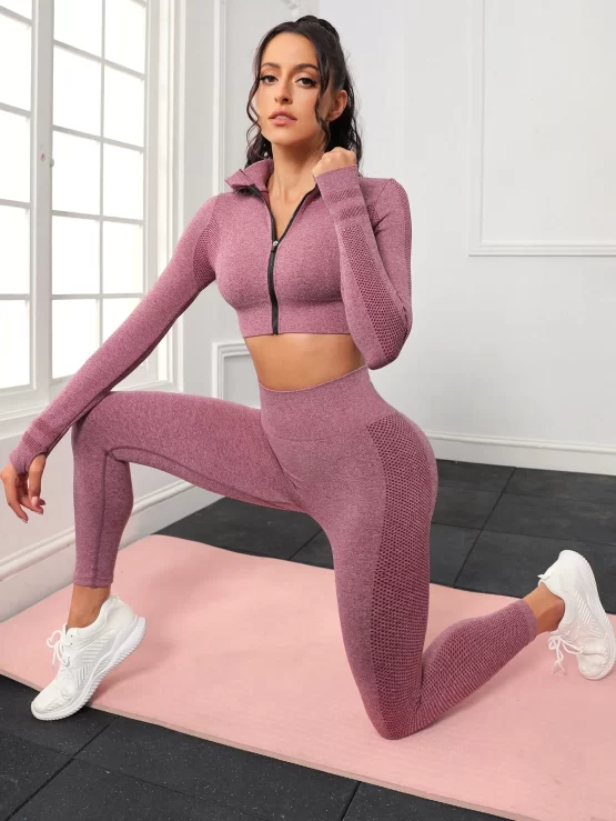 Seamless Thumbholes Top-stitching Zipper Sports Set