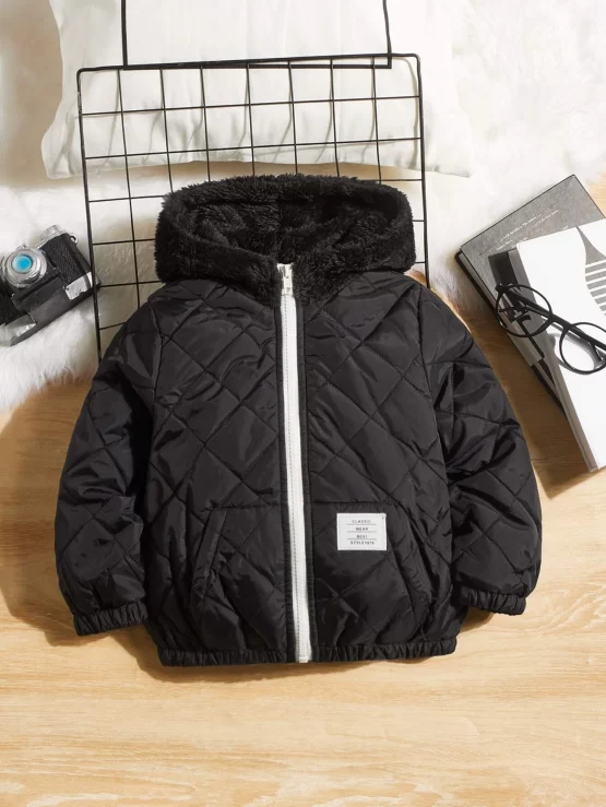 Toddler Boys Letter Patched Detail Fuzzy Zipper Quilted Hooded Coat
