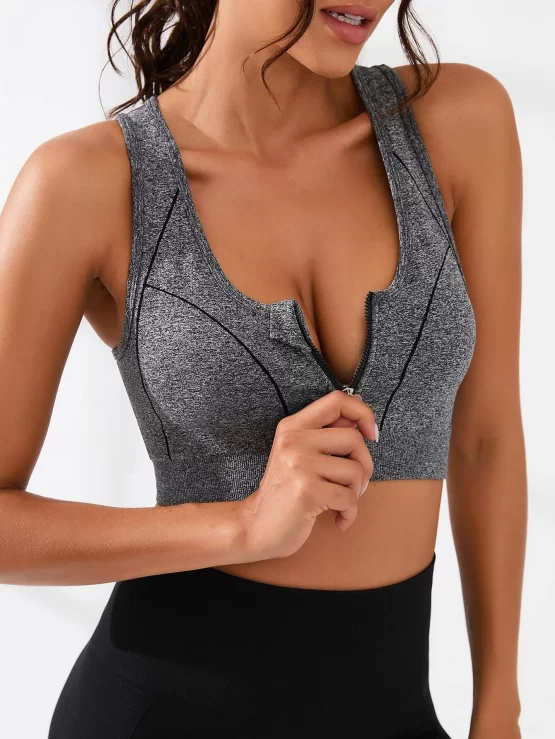 Zipper Up Plain Front Racer Back Sports Bra