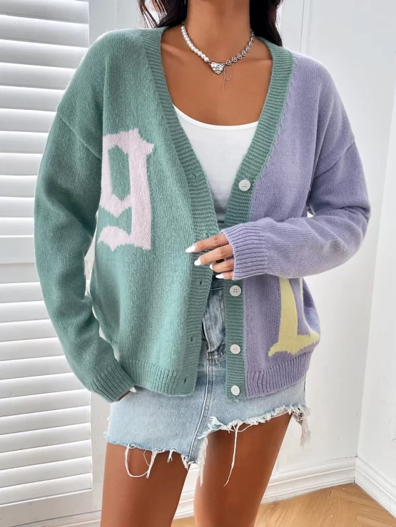 Color Block Letter Pattern Button Front Drop Shoulder Cardigan