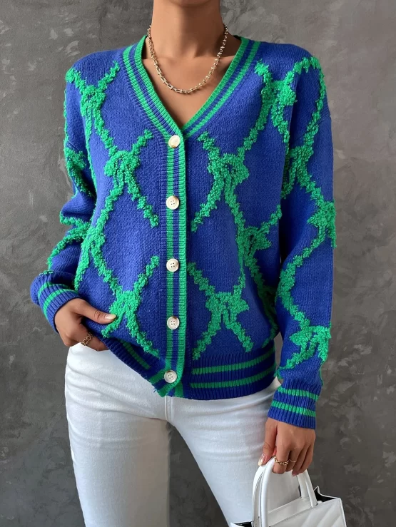 Argyle Geometric Pattern Drop Shoulder Cardigan