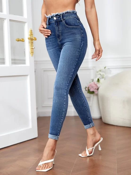 Raw Hem Zipper Cut High Waist Skinny Jeans