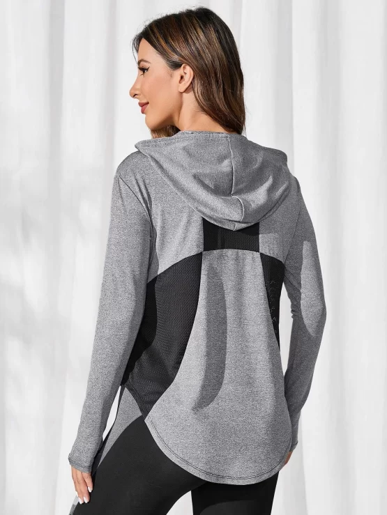 Color Block Drawstring Curved Hem Sports Hoodie