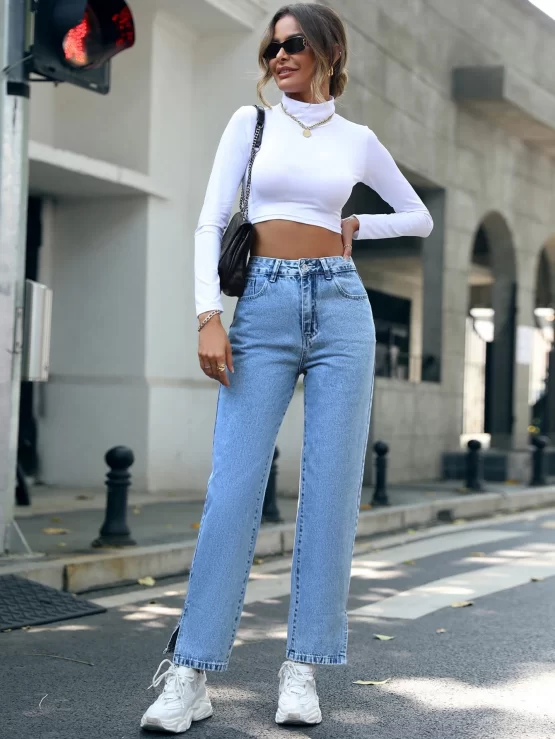 High Waist Zipper Fly Split Straight Leg Jeans