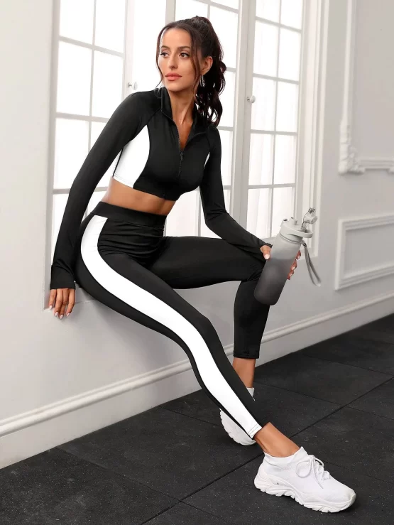 Contrast Panel Zip Up Sports Jacket & Leggings