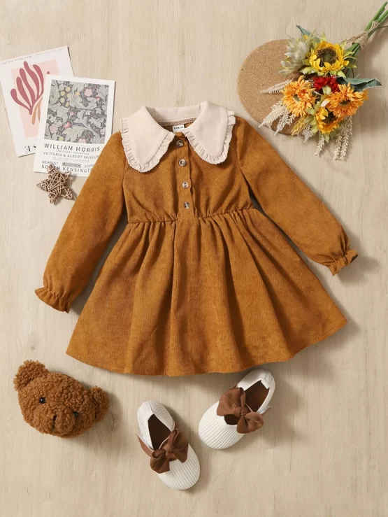 Baby Contrast Collar Flounce Button Front Sleeve Dress
