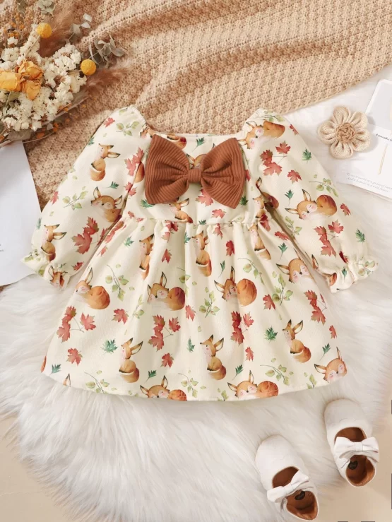 Baby Fox Print Bow Front Flounce Sleeve Dress