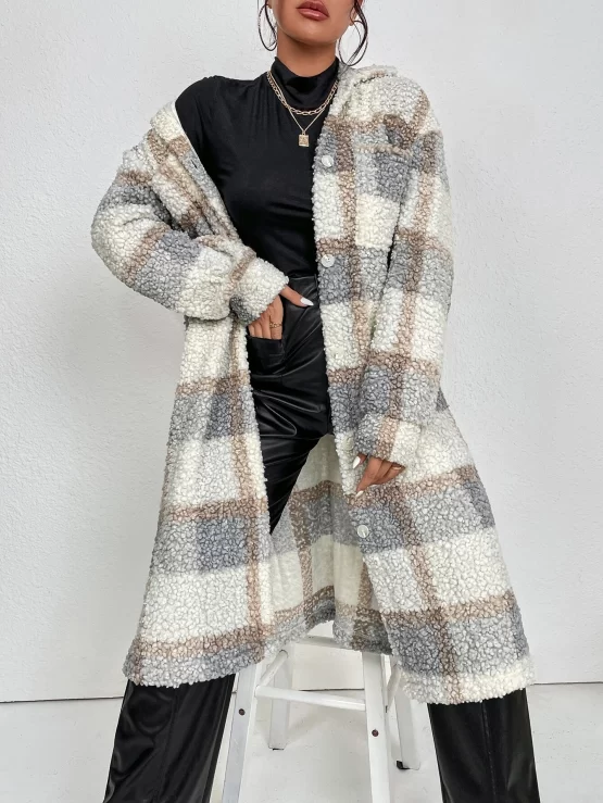 Plaid Pattern Split Hem Drop Shoulder Coat